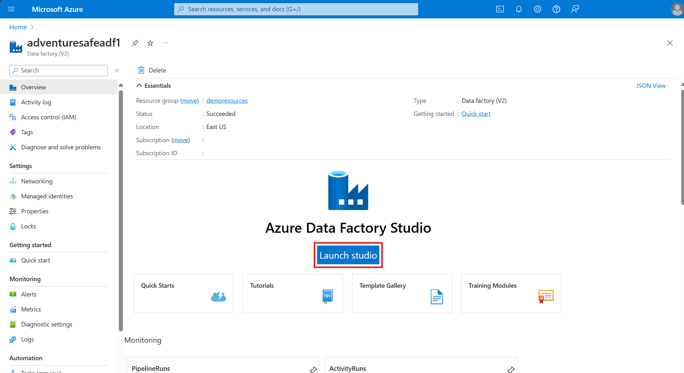 Azure portalからの ADF Studio の起動のスクリーンショット。